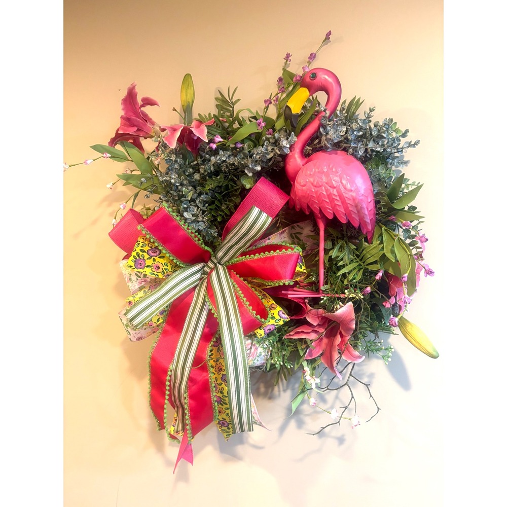 Tropical Pink Flamingo Front Door Wreath Summer‎ Floral Decor Pink Lily Greenery